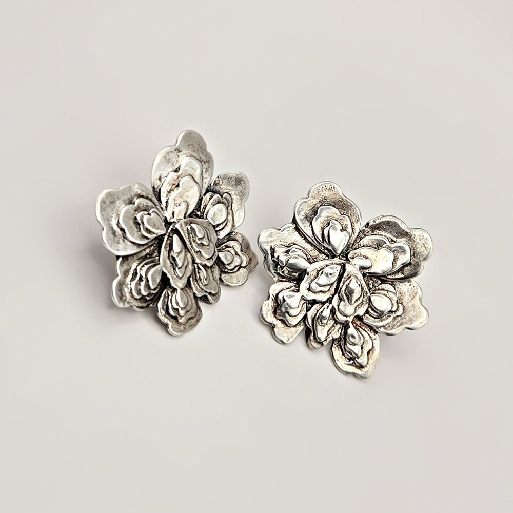 Large Sterling Flower Earrings - Vintage Statement Earrings - Floral Jewelry